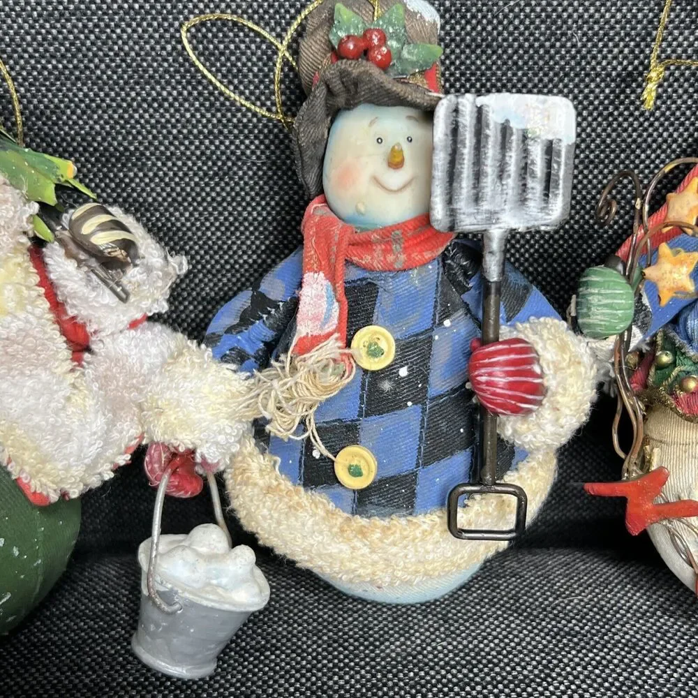 Roly Poly Christmas Ornaments Lot Of 3 Cloth Mache Snowman Santa Moose